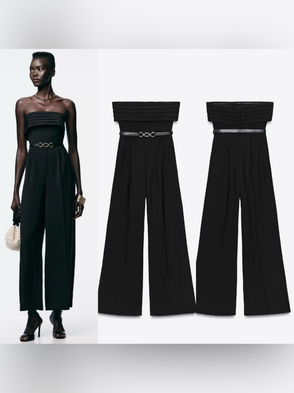 Zara Black Strapless Pleated-Waist Wide-Leg Jumpsuit